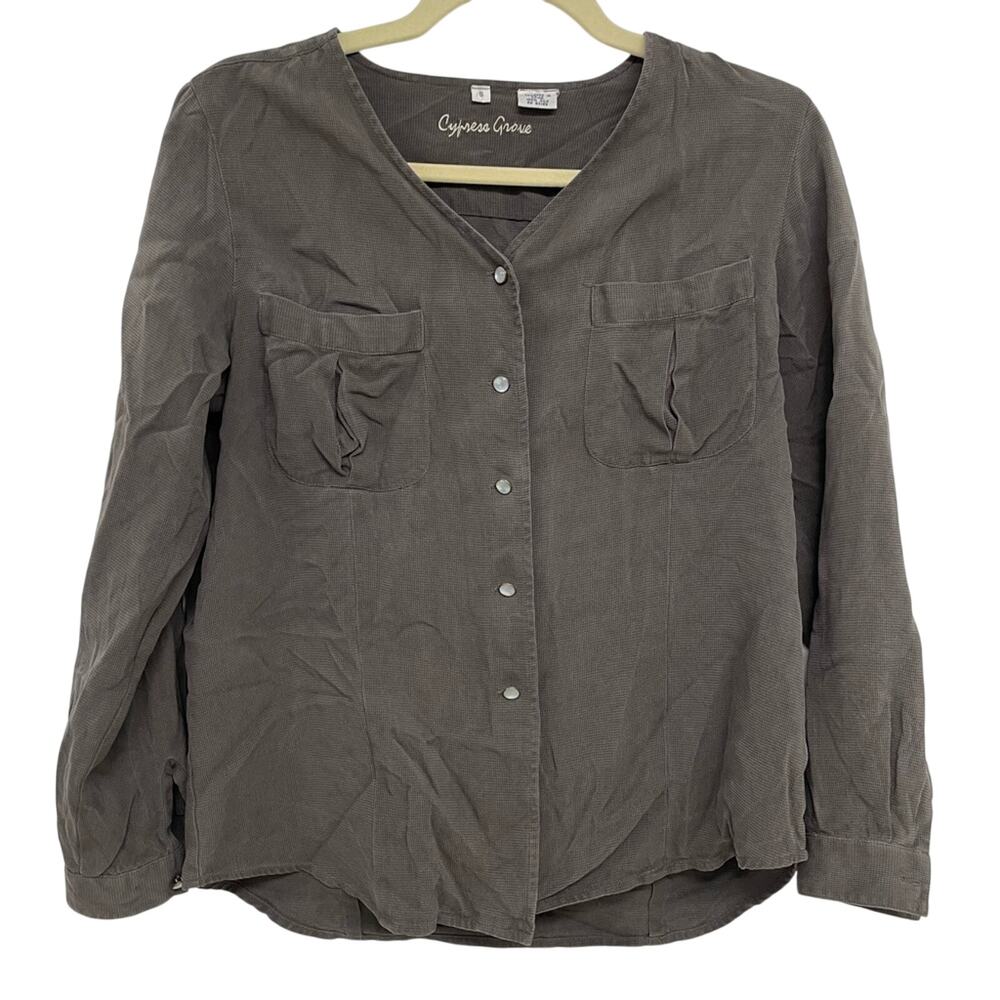 Cypress Grove Brown Silk Pearl Snap Lagenlook Blouse Womens S Long Sleeve Artsy
